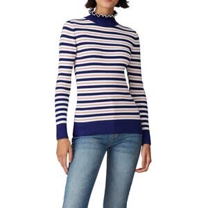 Scotch & Soda Womens L Blue White Rib Knit Ruffle Turtleneck Long Sleeve Sweater